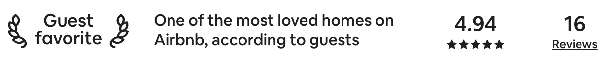 Guest Favorite - One of the most beloved homes on Airbnb, according to guests.  4.94 Rating / 16 Reviews.